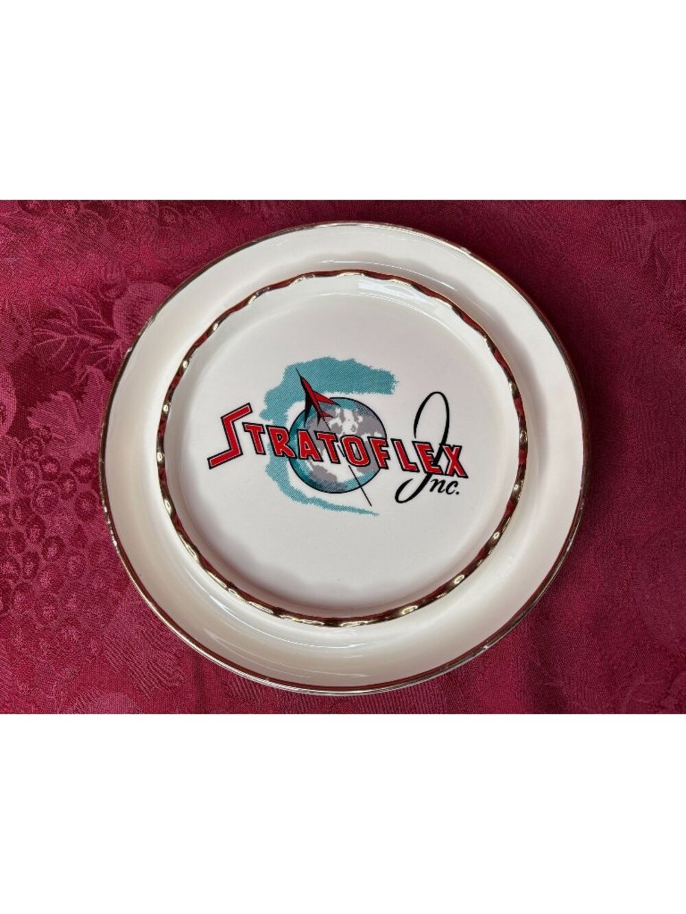 Vtg Stratoflex Inc. Ceramic Ashtray With Gold Trim & Retro Logo Design 8.5 Inche